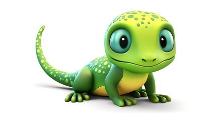 Fototapeta premium A cute green gecko with big blue eyes and a friendly smile. It has a long, slender body and a tail that curls up at the end.