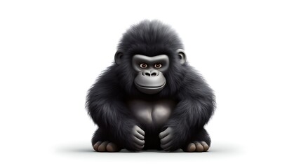 Fototapeta premium A cute and cuddly baby gorilla sits on a white background. The gorilla has big brown eyes, a black nose, and a friendly smile.