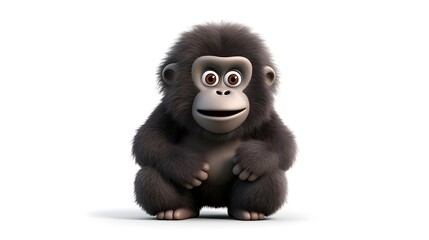 A cute and cuddly baby gorilla sits on a white background. The gorilla has big brown eyes, a wide smile, and is covered in soft, black fur.