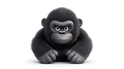 A cute and cuddly 3D rendering of a baby gorilla sits on a white background. It has big, round eyes and a friendly smile.