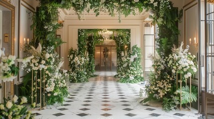 Naklejka premium lush greenery and delicate florals adorn chic hall elegant architecture capture