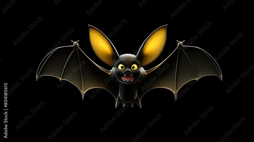 Poster 3d rendering of a happy cartoon bat with yellow ears and wings spread out. it has a toothy grin on i