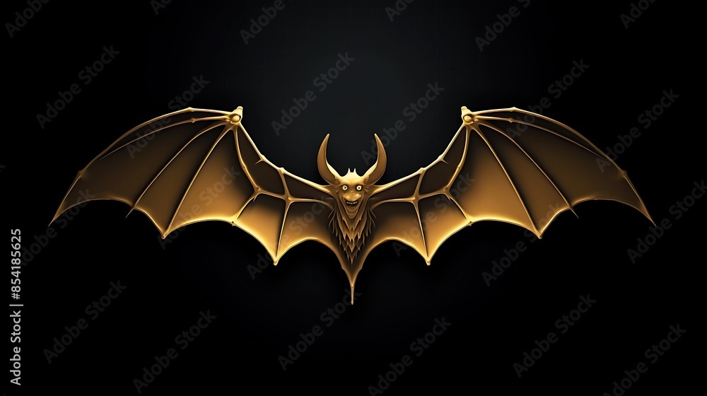 Poster a 3d rendering of a golden bat with its wings spread. the bat has a happy expression on its face and