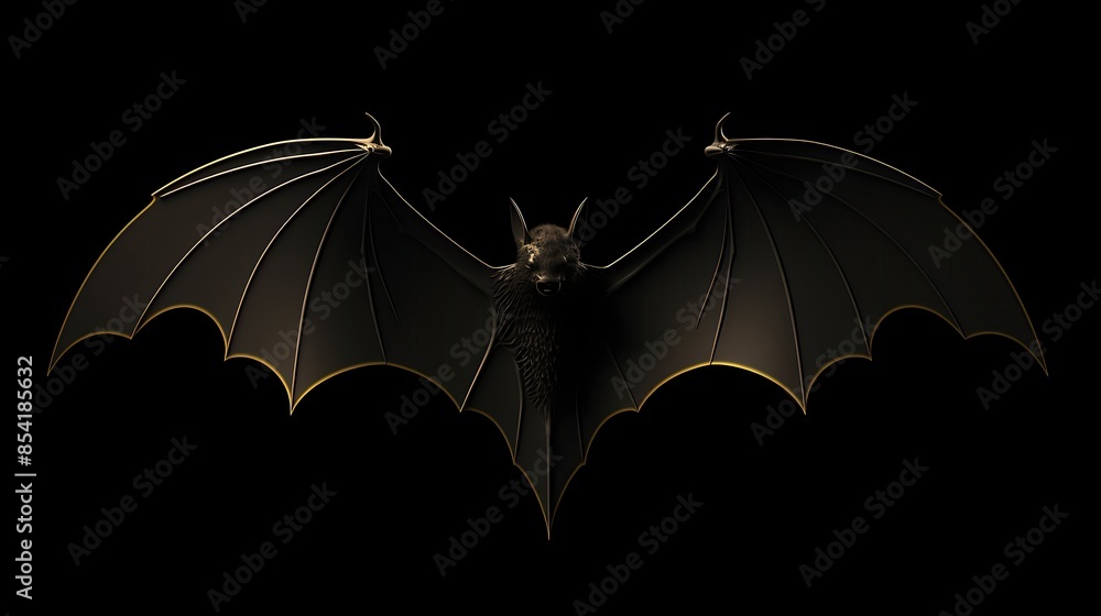 Poster a 3d rendering of a black and gold bat with its wings spread. the bat is facing the viewer with its 