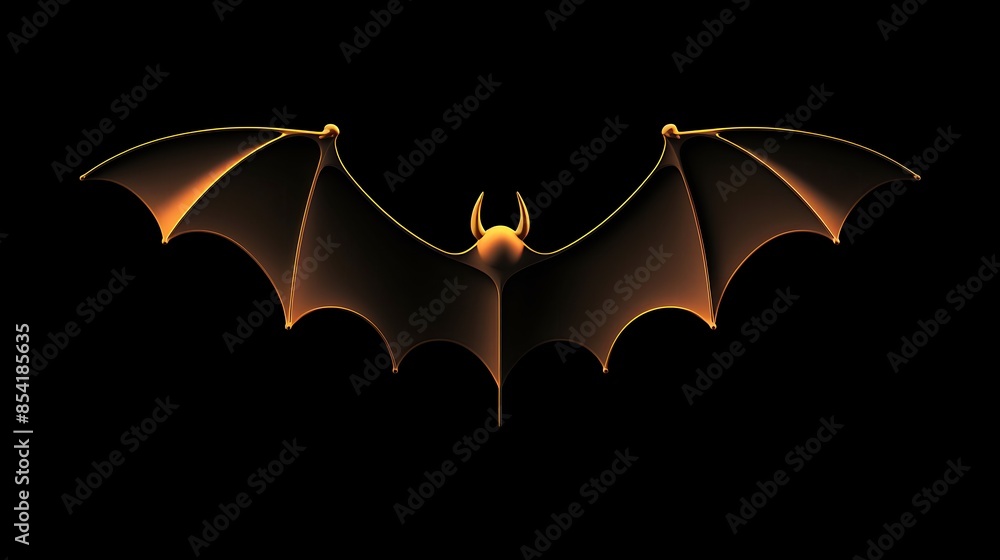 Poster a 3d rendering of a shiny metallic black bat with its wings spread wide. the bat is facing the viewe