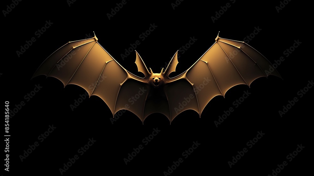 Poster a dark background with a 3d rendering of a golden bat with its wings spread. the bat is facing the v