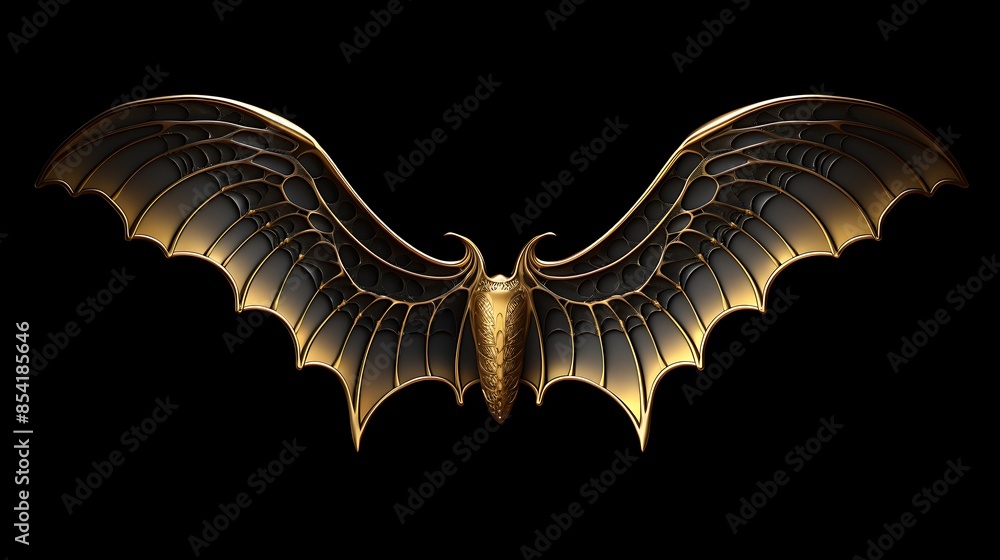 Poster 3d rendering of a pair of intricately detailed, metallic, bat wings. the wings are spread wide and f