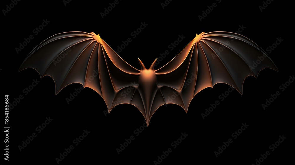 Poster 3d rendering of a black and orange bat with its wings spread. the bat is facing the viewer and has a