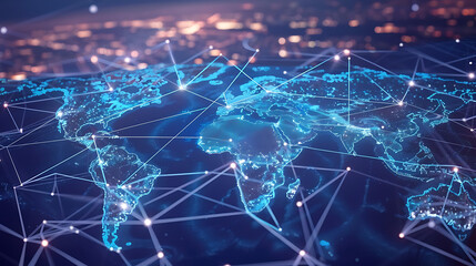 Global business network with world map and connecting flight paths