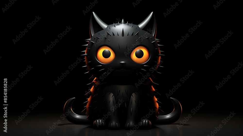 Poster 3d rendering of a cute black cat with orange eyes. the cat is sitting on a reflective surface in a d
