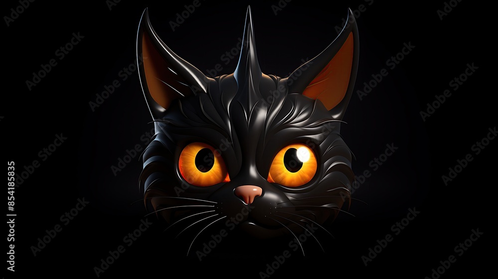 Poster 3d rendering of a cute black cat with big orange eyes. the cat is looking at the camera with a curio