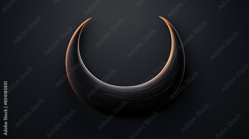 Poster 3d rendering of a black crescent moon with a glowing golden outline. the moon is set against a dark 