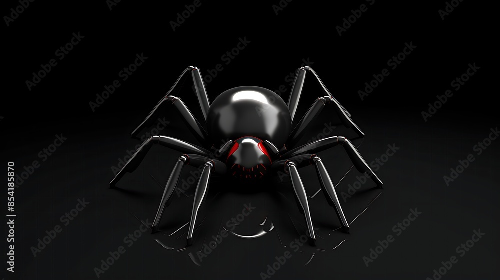 Poster 3d rendering of a black widow spider with red markings on its back and legs.