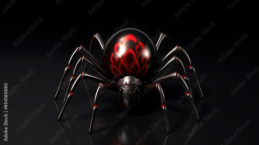 Aufkleber 3d rendering of a black and red spider with a shiny surface. the spider is sitting on a reflective s