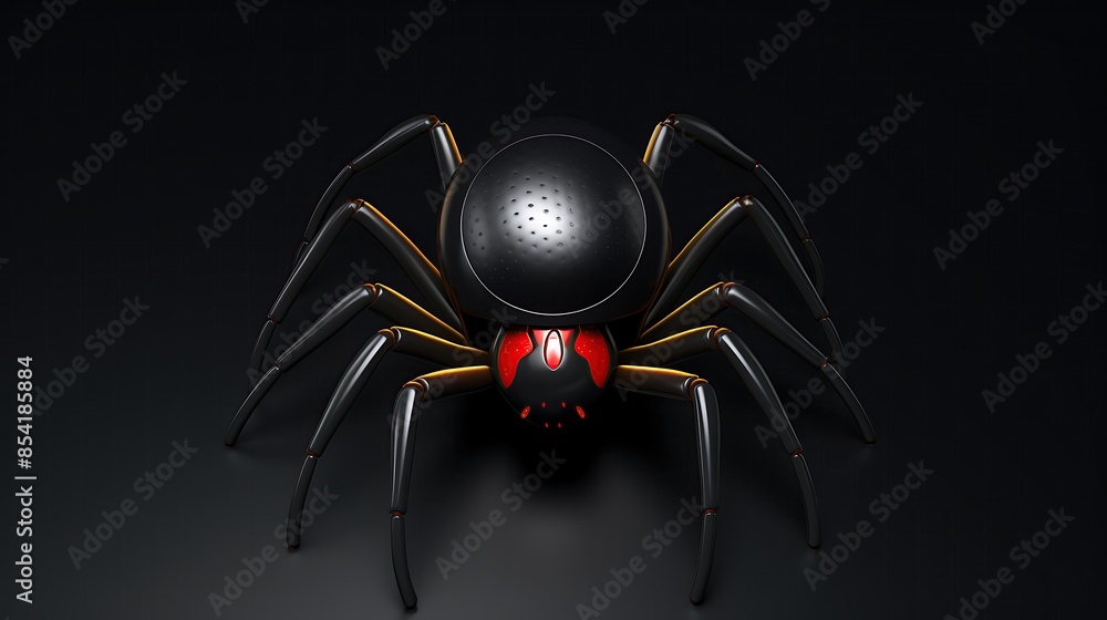 Poster 3d rendering of a black widow spider with a shiny carapace and red hourglass marking on its abdomen.