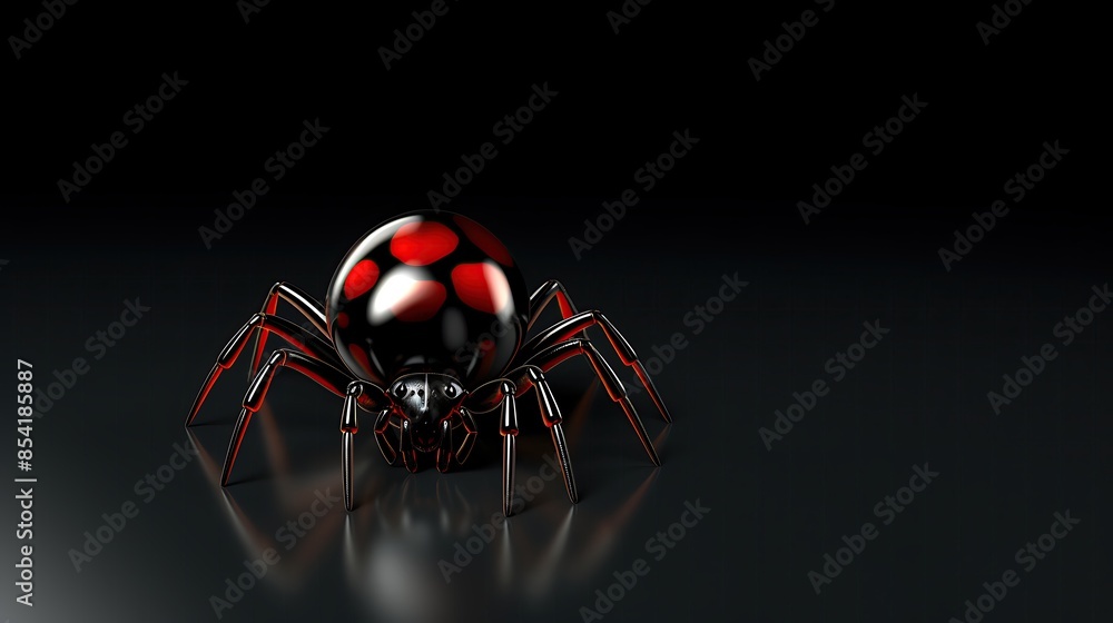 Poster 3d rendering of a shiny black and red spider with red dots on its back. the spider is sitting on a r