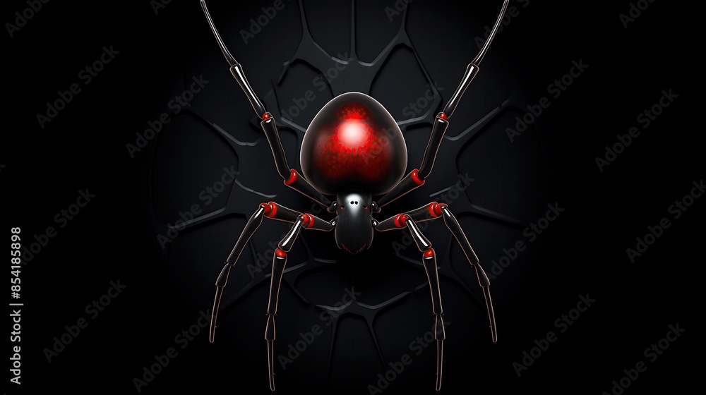 Poster a 3d rendering of a black widow spider on a web. the spider is in the center of the web and is looki