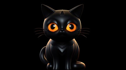 A cute black cat is sitting on a dark background. The cat has big round orange eyes and a pink nose.