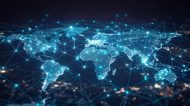 Global business network with world map and connecting flight paths