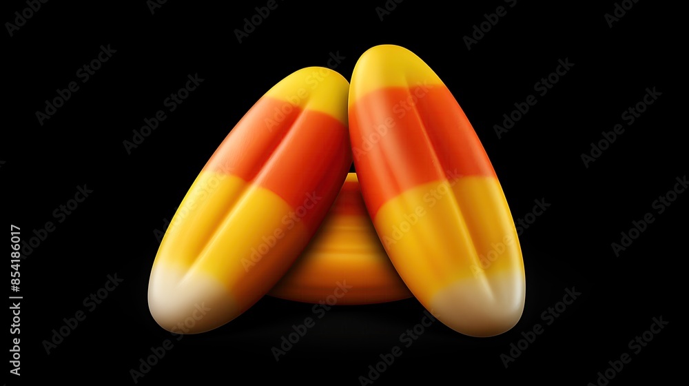 Poster a 3d rendering of a stack of three pieces of candy corn. the candy corn is arranged in a triangular 