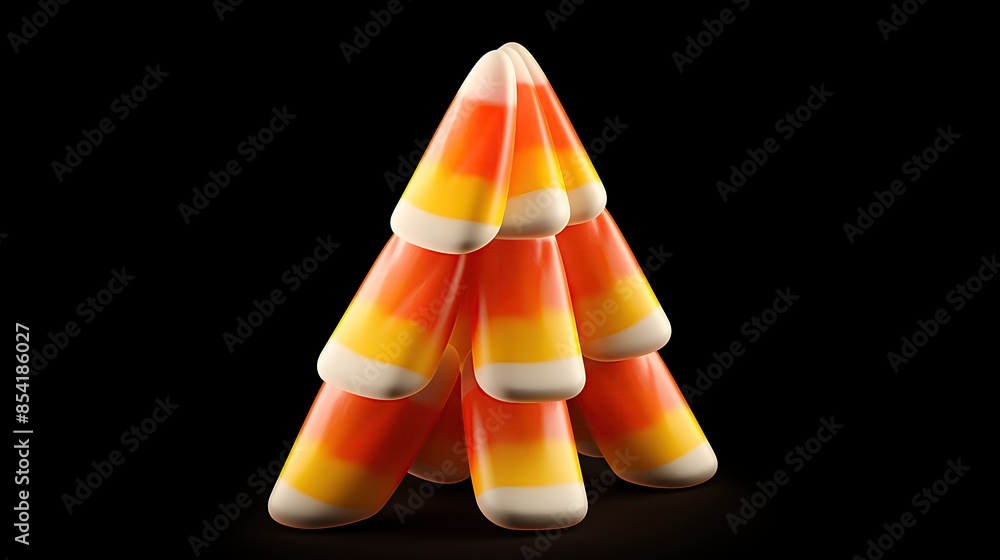 Poster a 3d rendering of a candy corn christmas tree. the tree is made up of stacked candy corn pieces and 