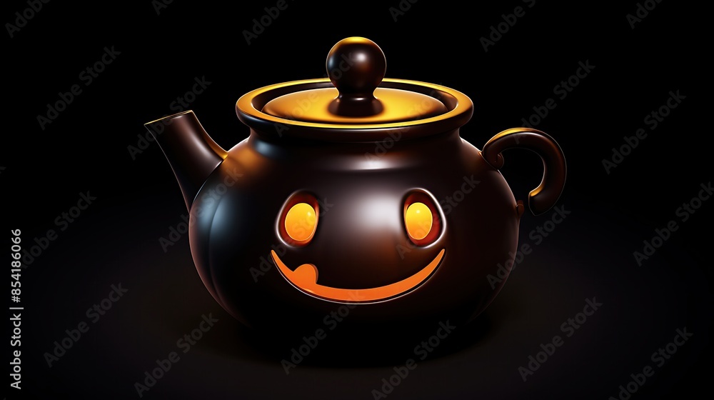 Poster 3d rendering of a cute teapot with a halloween theme. the teapot is black with a shiny gold lid and 