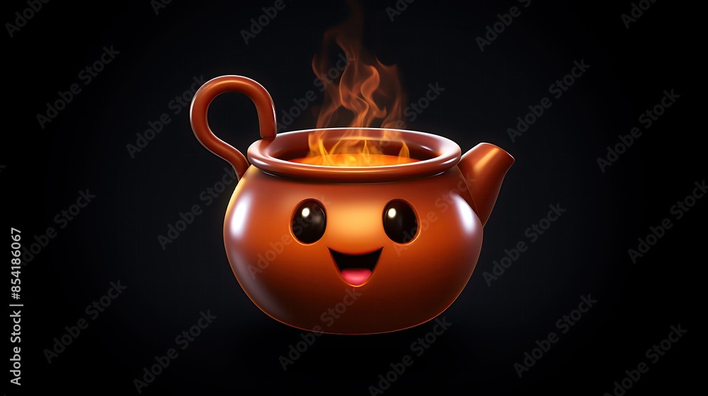 Poster a cute and friendly 3d rendering of a teapot with a smiley face. the teapot is brown and has a red h
