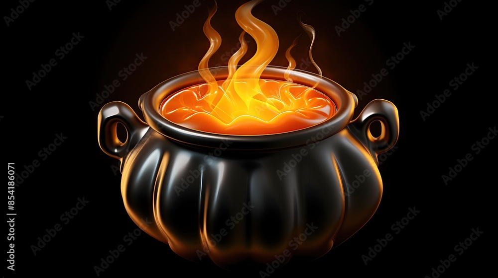 Poster 3d rendering of a black magic cauldron with a glowing orange potion and wisps of smoke rising from i