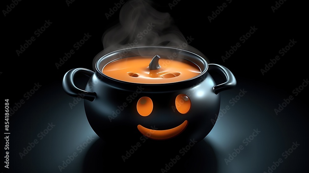 Poster 3d rendering of a happy halloween cauldron with a steaming orange potion. the cauldron has a carved 