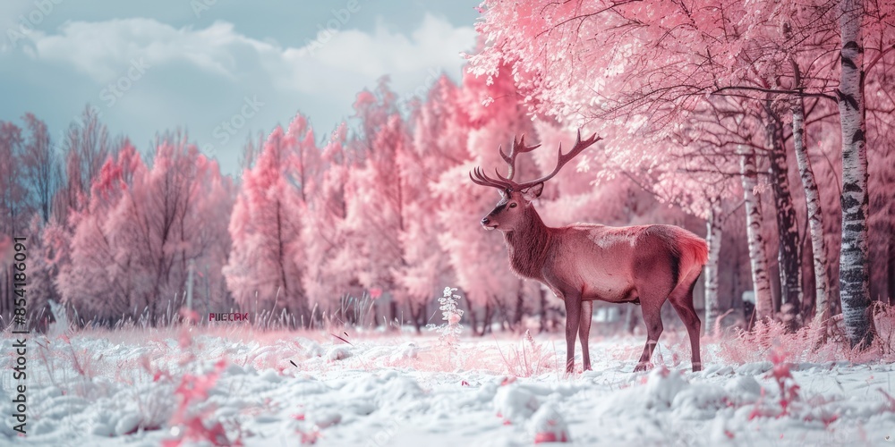 Poster a deer stands in a snowy field with pink trees in the background. generate ai image