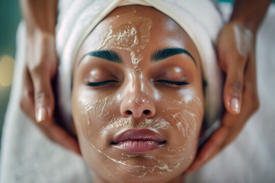Close up of a black woman having a facial massage in a spa