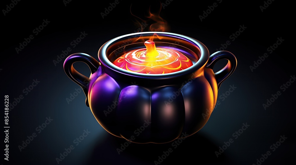 Poster 3d rendering of a magic potion in a cauldron. the cauldron is black and the potion is glowing orange