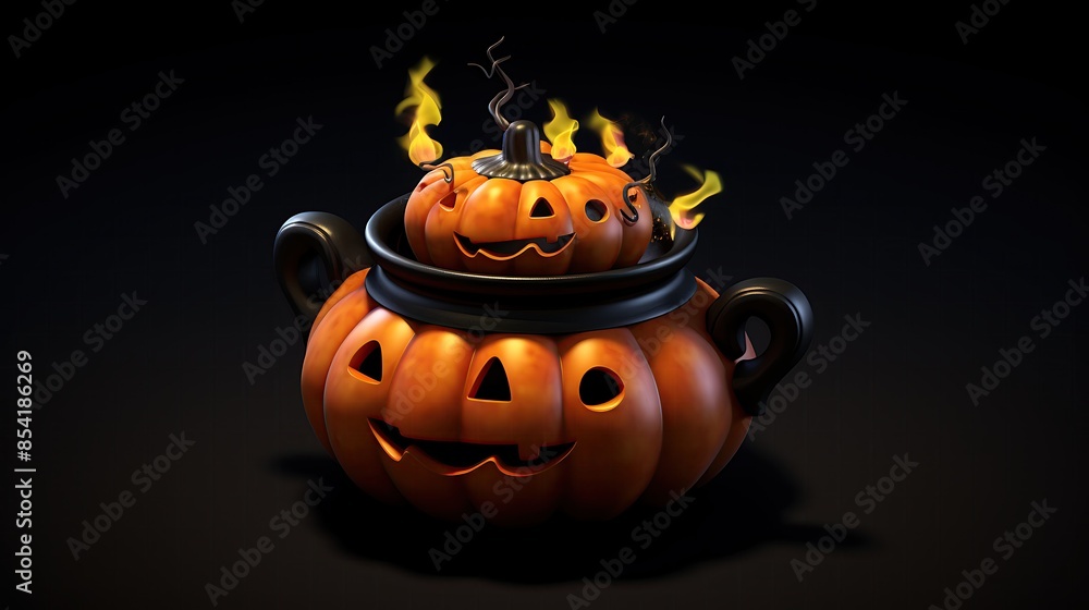 Poster 3d rendering of a cauldron made of a pumpkin with two jack-o'-lanterns on top of it. the cauldron is