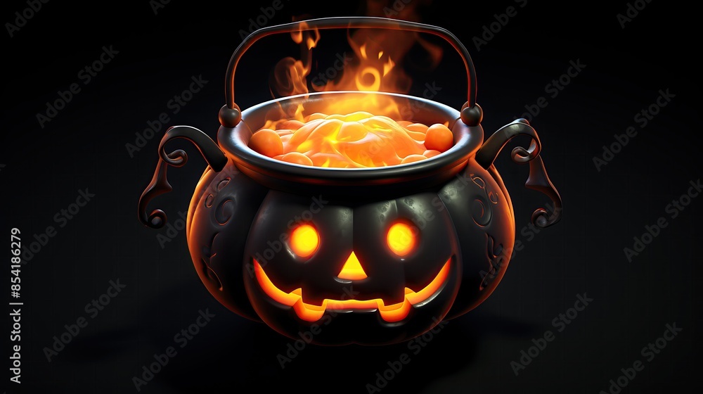 Poster 3d rendering of a cauldron with a glowing orange potion and flames coming out of it.
