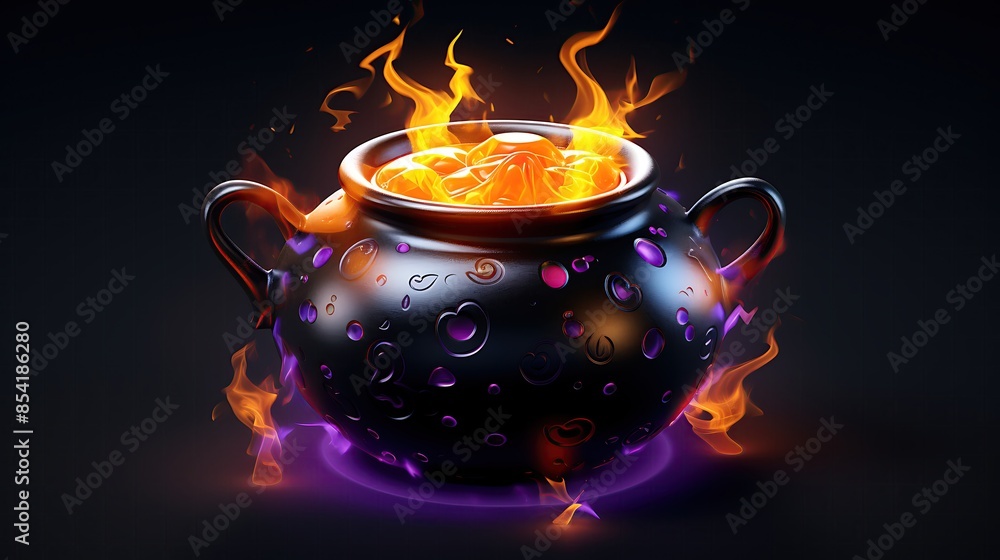 Poster 3d rendering of a magic cauldron with a glowing purple liquid and flames. the cauldron is decorated 
