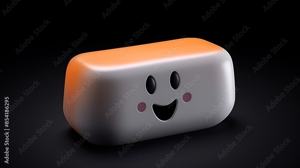 Poster a cute and simple 3d rendering of a smiling bar of soap. the soap is white and has a happy face on i