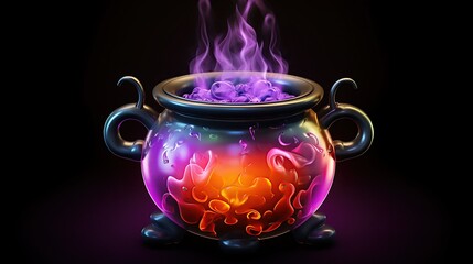 3D rendering of a magic cauldron with a purple potion and smoke. The cauldron is made of metal and has two handles.