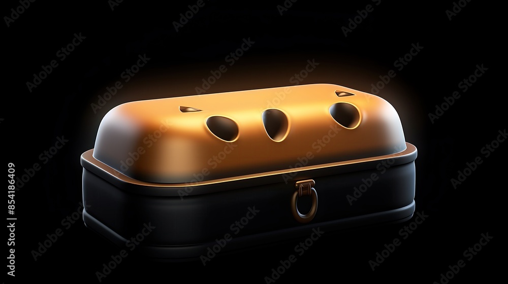 Poster 3d rendering of a closed metal box with a golden lid. the box is isolated on a black background.
