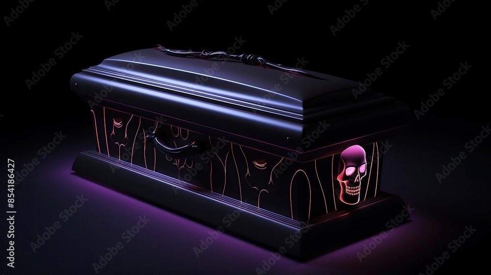 Poster 3d rendering of a glowing skull on a black coffin with a dark background.