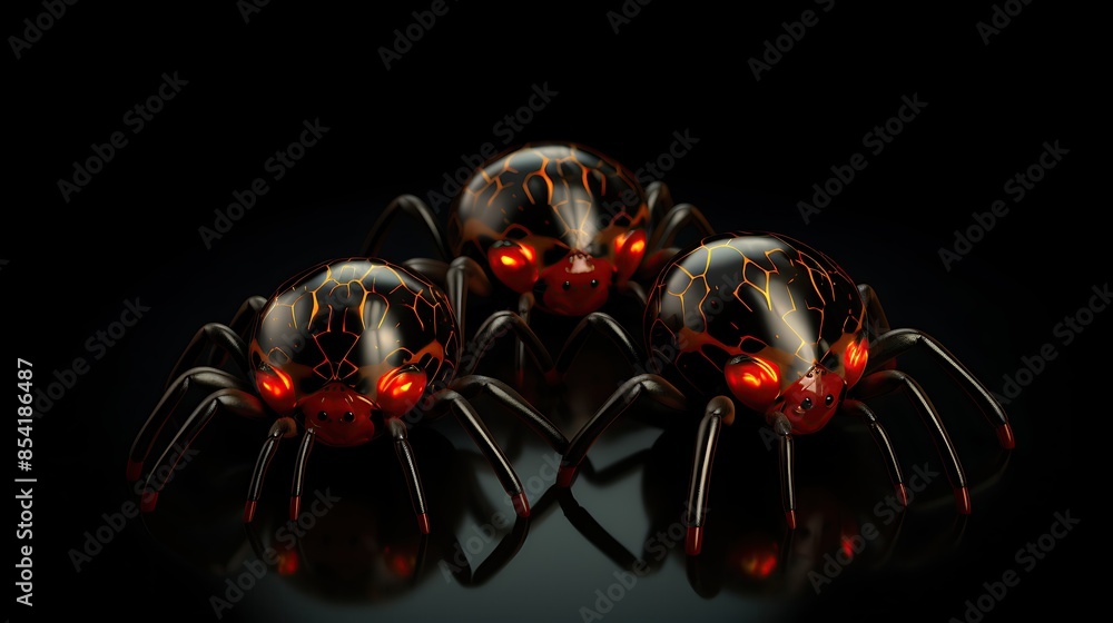 Aufkleber 3d illustration of a group of black and red spiders with glowing eyes. the spiders are of different 