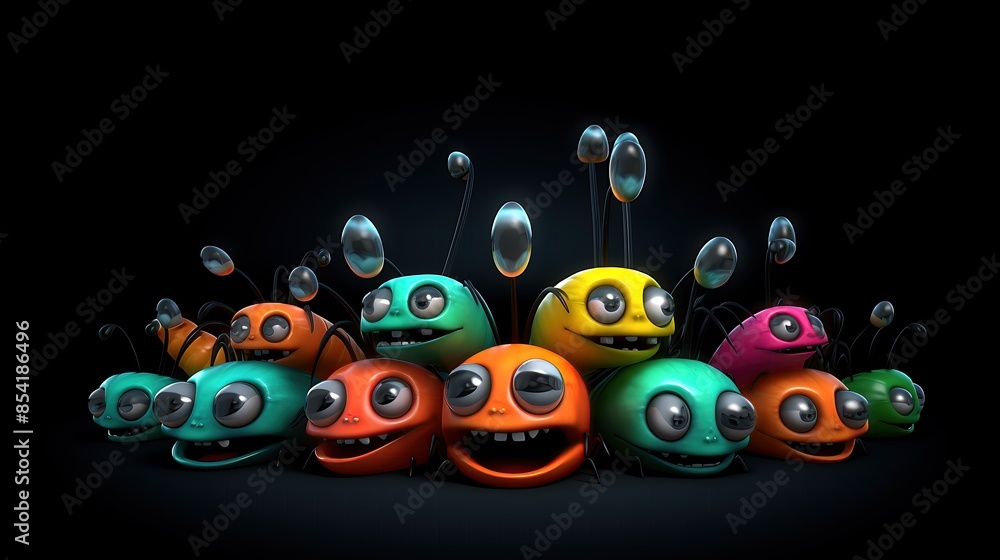 Poster a group of colorful 3d rendered bugs with happy expressions on their faces.