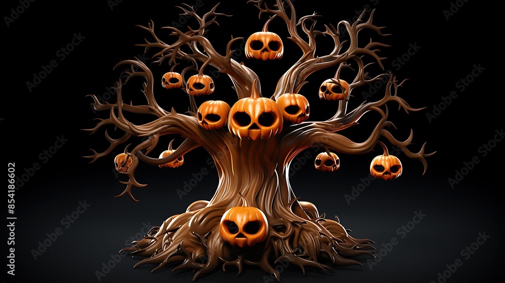 Poster 3d rendering of a spooky tree with halloween pumpkins. the tree has a large, gnarled trunk and branc