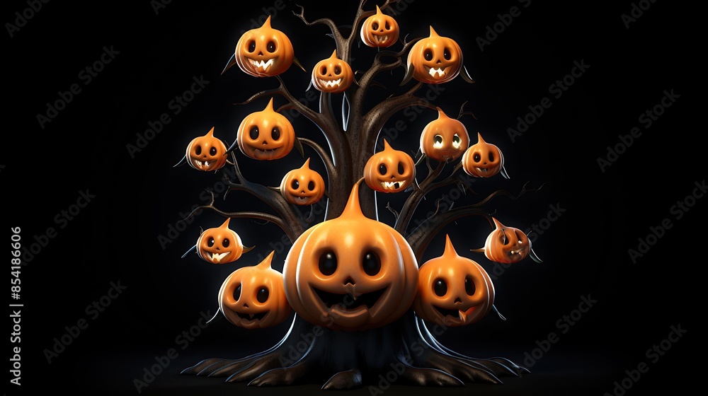 Poster this is a 3d rendering of a halloween tree. the tree is made up of orange pumpkins of various sizes,