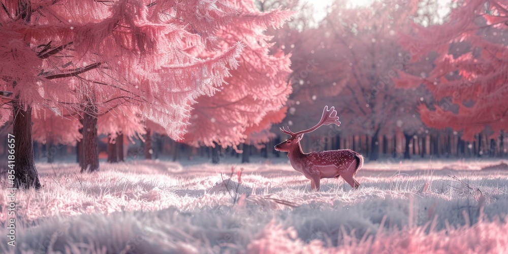 Poster a deer stands in a snowy field with pink trees in the background. generate ai image