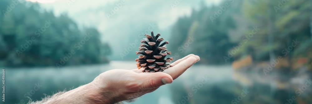 Poster nature's wonder: pine cone in forest setting generative ai