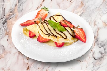 Fresh sweet tasty pancakes with strawberry and jam