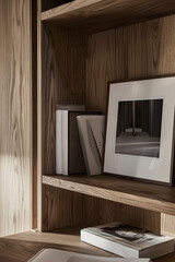 Fototapeta premium A closeup of the bookshelf in an apartment, with books and magazines neatly arranged. The shelf contains books and framed photographs, creating a cozy reading nook or study space.