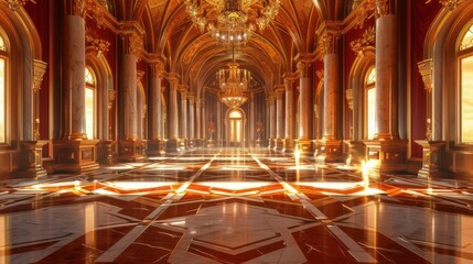 Obraz premium majestic royal palace interior with golden red accents fantasy fiction backdrop concept