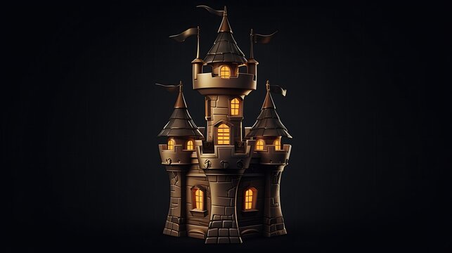 A 3D rendering of a cartoon castle. The castle is made of gray stone and has four towers. The towers are topped with black flags.