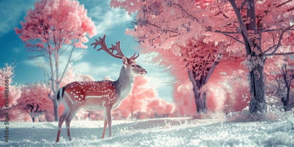 Poster a deer stands in a snowy field with pink trees in the background. generate ai image